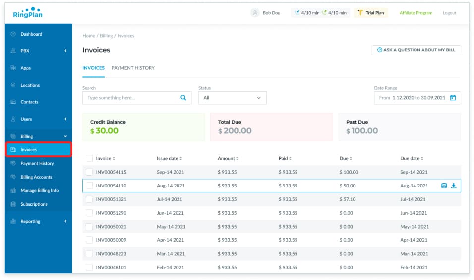 Choose "Invoices" from the "Billing" drop down menu.