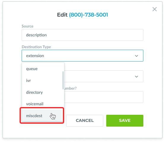 Edit your "Destination Type" using the dropdown and select "MISCDEST"