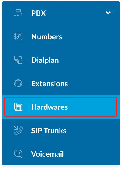 In the left side navigation bar, Expand the "PBX" some text section and click on "Hardware"