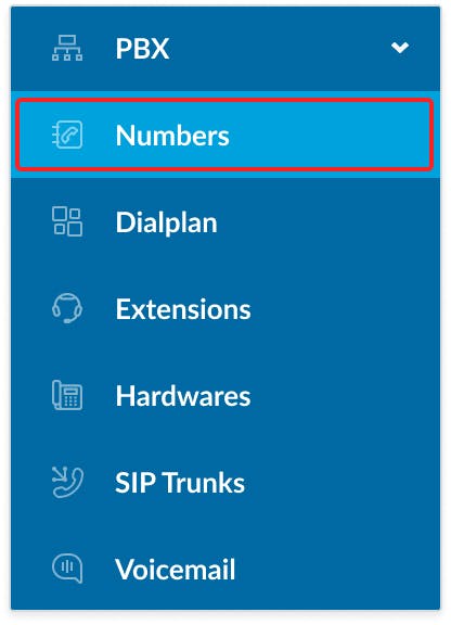 Navigate to "PBX" and from the submenu select "Numbers"