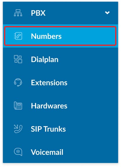 Navigate to "PBX" and from the submenu select "Numbers"