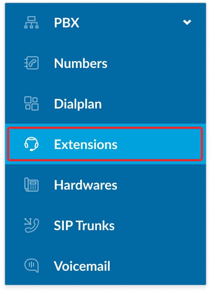 On the left navigation bar, expand the "PBX" menu and choose "Extensions"
