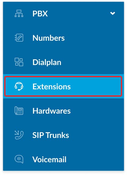 On the left navigation bar, expand the "PBX" menu and choose "Extensions"