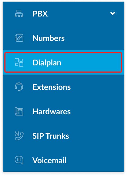 Open your DialPlan menu by navigating to "PBX" and then click on "Dialplan" from the dropdown menu.
